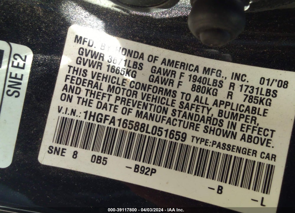 2008 HONDA CIVIC LX VIN: 1HGFA16588L051659