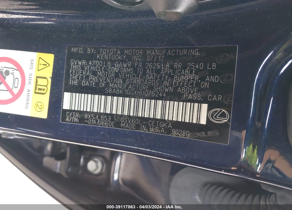 2017 LEXUS ES 350 VIN: 58ABK1GGXHU075244