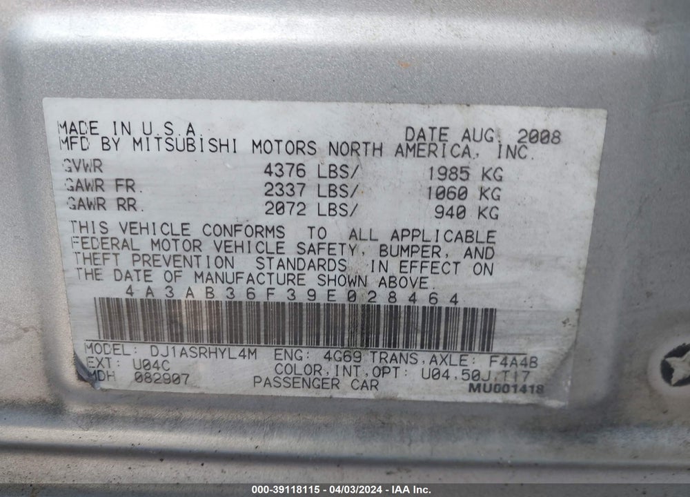 2009 MITSUBISHI GALANT ES/SPORT EDITION VIN: 4A3AB36F39E028464