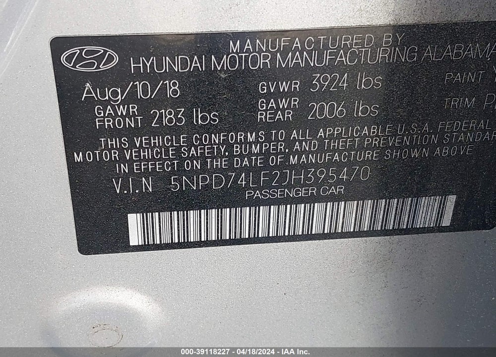 2018 HYUNDAI ELANTRA SE VIN: 5NPD74LF2JH395470