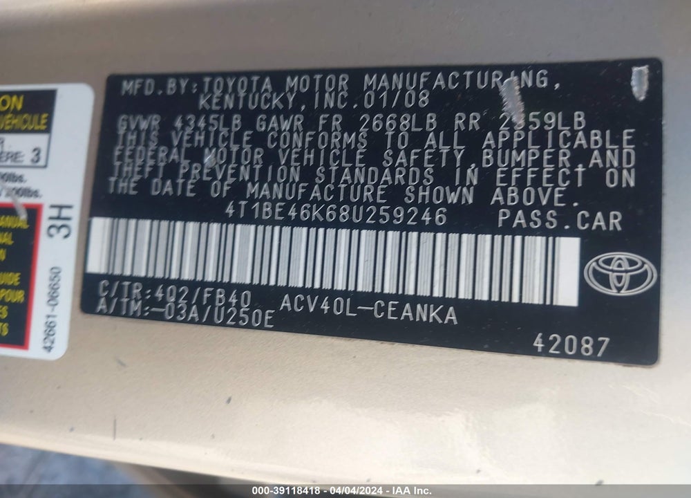 2008 TOYOTA CAMRY LE VIN: 4T1BE46K68U259246