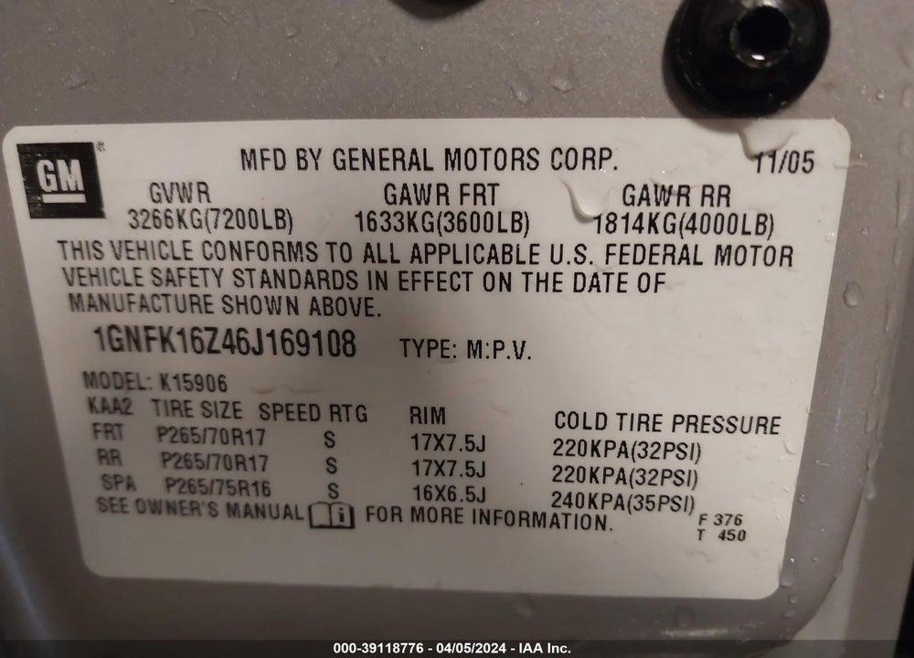 2006 CHEVROLET SUBURBAN 1500 LT VIN: 1GNFK16Z46J169108