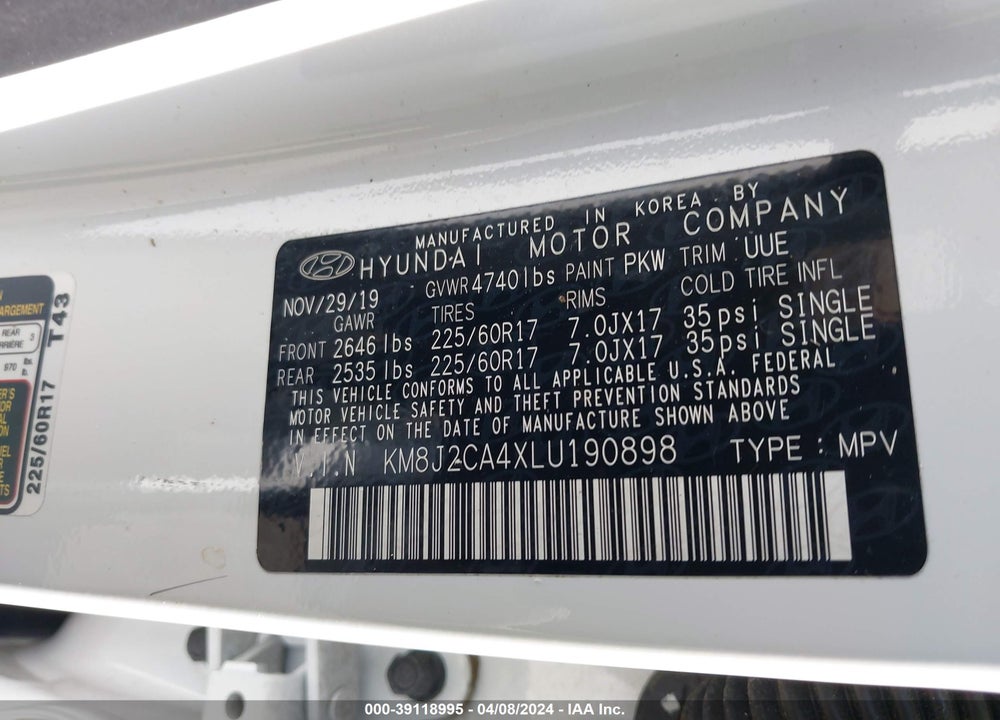 2020 HYUNDAI TUCSON SE VIN: KM8J2CA4XLU190898