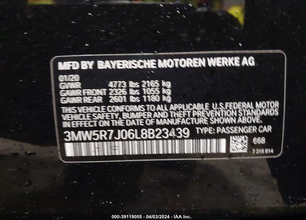 2020 BMW 330I XDRIVE VIN: 3MW5R7J06L8B23439