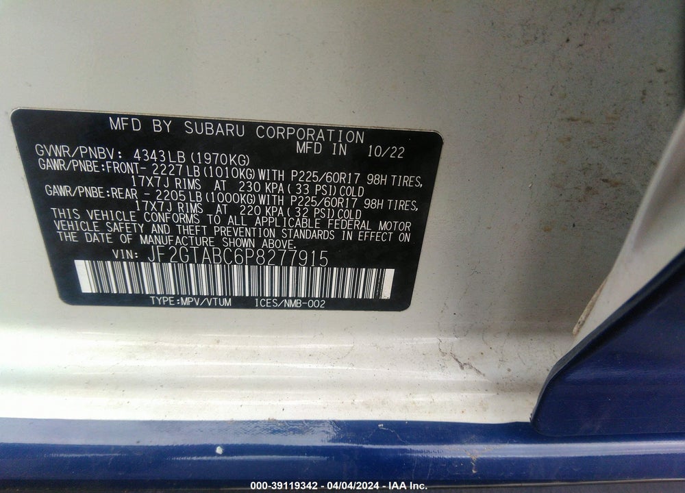 2023 SUBARU CROSSTREK VIN: JF2GTABC6P8277915