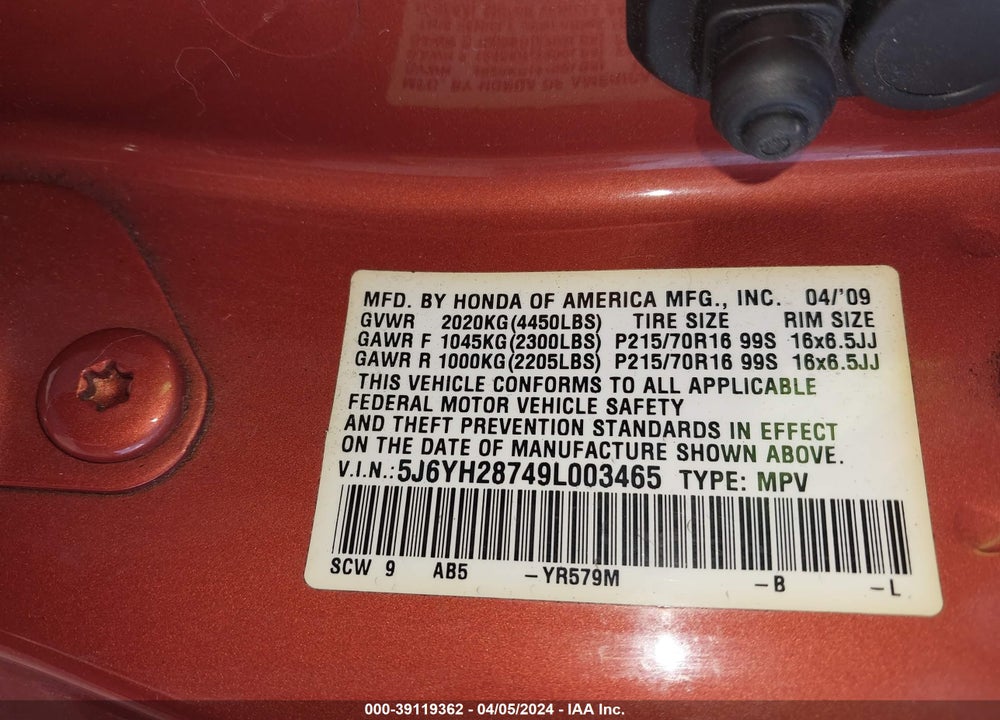 2009 HONDA ELEMENT EX VIN: 5J6YH28749L003465
