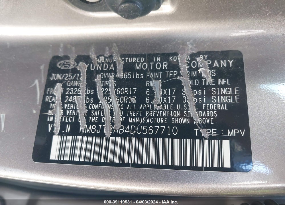 2013 HYUNDAI TUCSON GL VIN: KM8JT3AB4DU567710