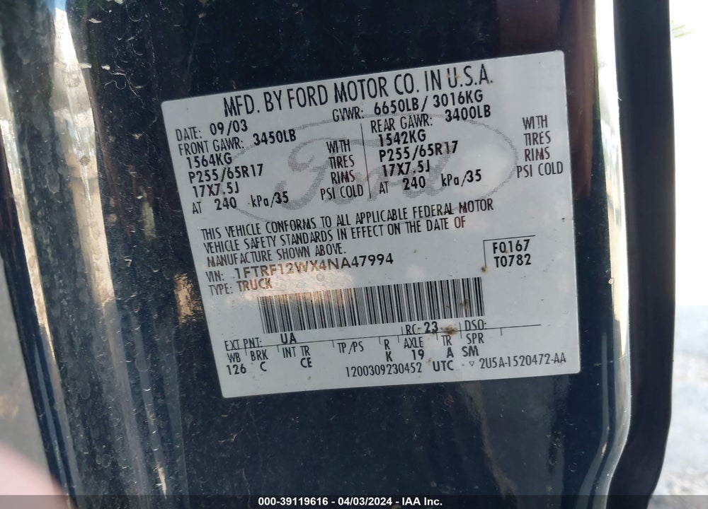 2004 FORD F-150 STX/XL/XLT VIN: 1FTRF12WX4NA47994