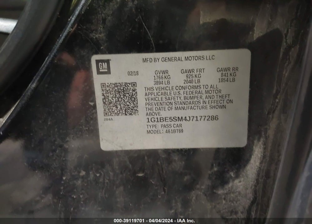 2018 CHEVROLET CRUZE LT AUTO VIN: 1G1BE5SM4J7177286