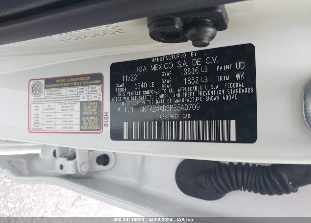 2023 KIA RIO S VIN: 3KPA24AD3PE540709