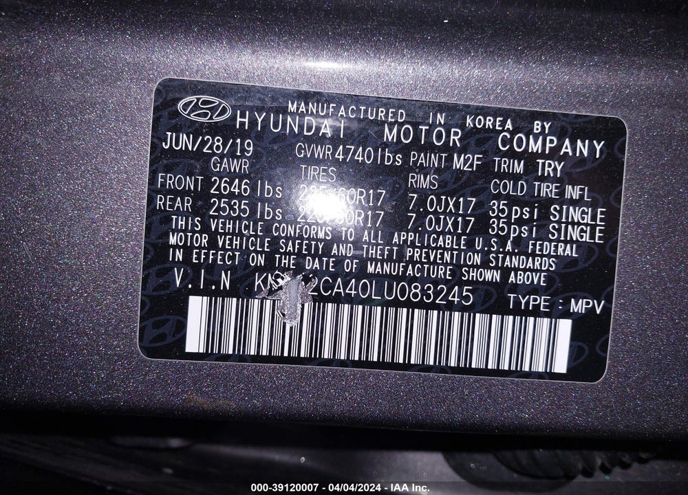 2020 HYUNDAI TUCSON SE VIN: KM8J2CA40LU083245