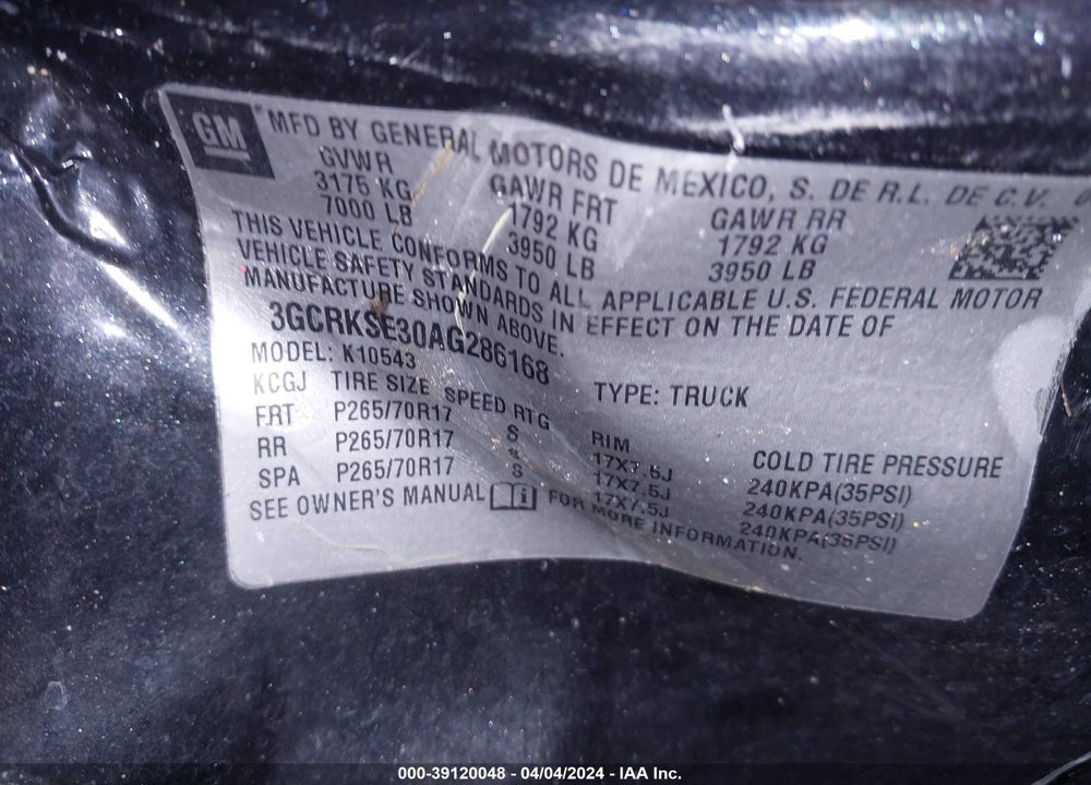 2010 CHEVROLET SILVERADO 1500 LT VIN: 3GCRKSE30AG286168