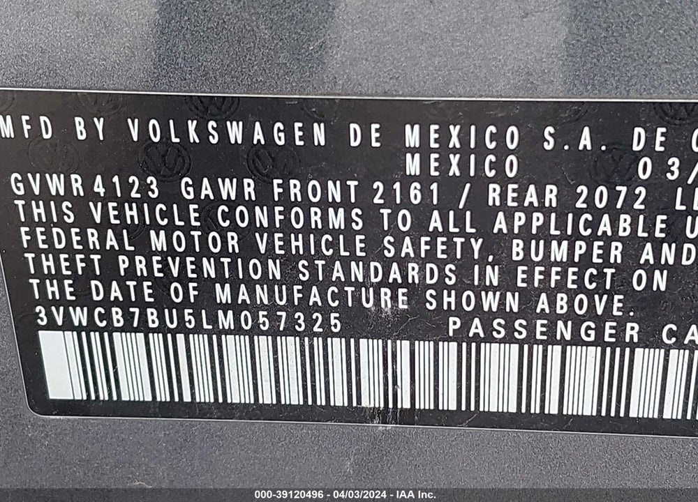 2020 VOLKSWAGEN JETTA 1.4T R-LINE/1.4T S/1.4T SE VIN: 3VWCB7BU5LM057325