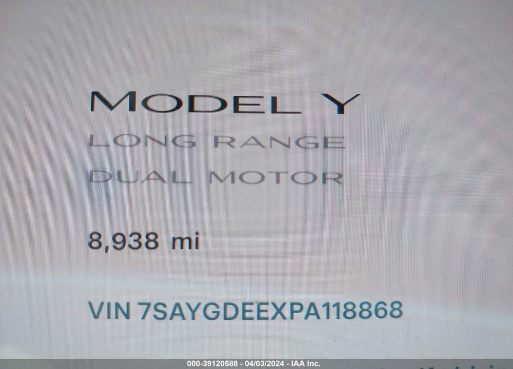 2023 TESLA MODEL Y AWD/LONG RANGE DUAL MOTOR ALL-WHEEL DRIVE VIN: 7SAYGDEEXPA118868