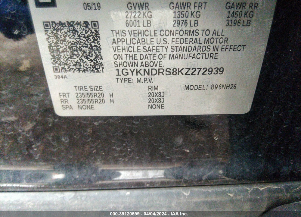 2019 CADILLAC XT5 VIN: 1GYKNDRS8KZ272939