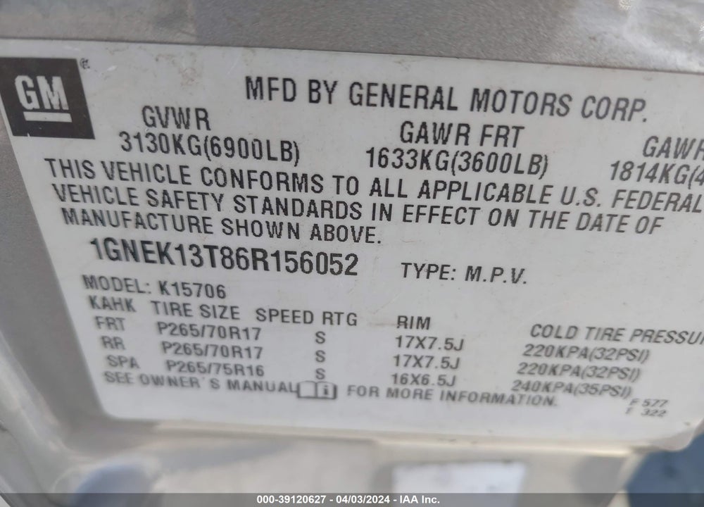 2006 CHEVROLET TAHOE LT VIN: 1GNEK13T86R156052