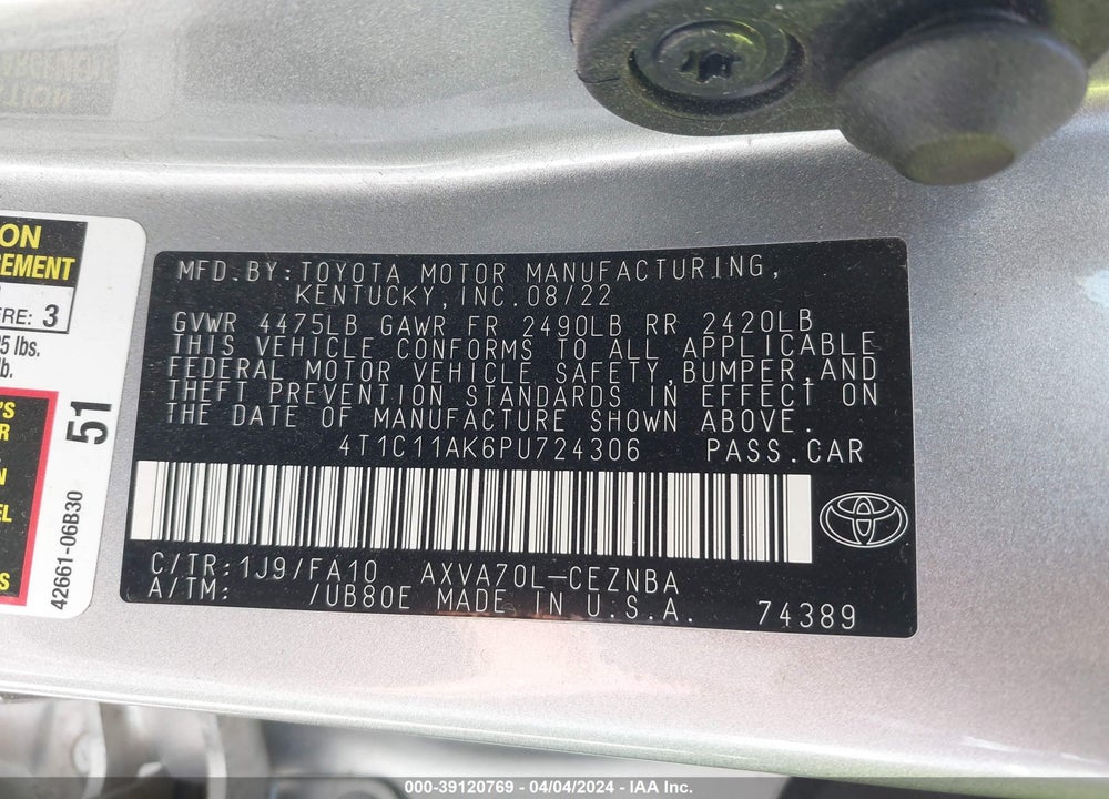 2023 TOYOTA CAMRY LE VIN: 4T1C11AK6PU724306