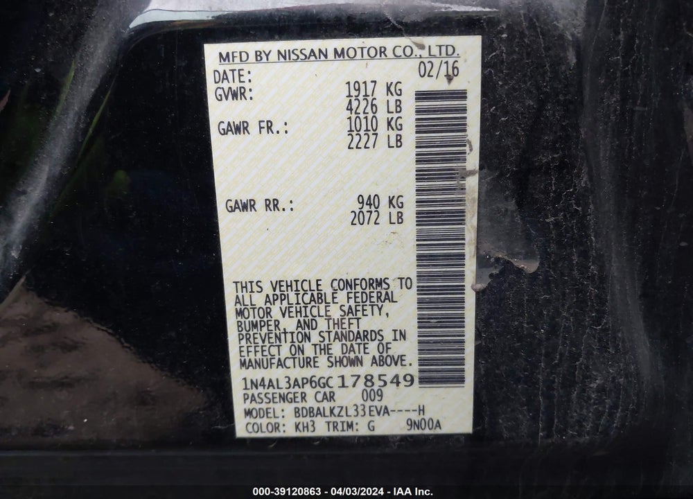 2016 NISSAN ALTIMA 2.5 SV VIN: 1N4AL3AP6GC178549