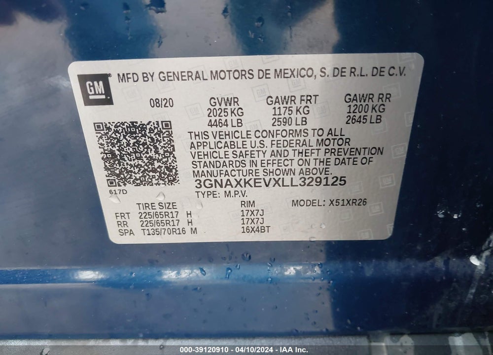 2020 CHEVROLET EQUINOX FWD LT 1.5L TURBO VIN: 3GNAXKEVXLL329125