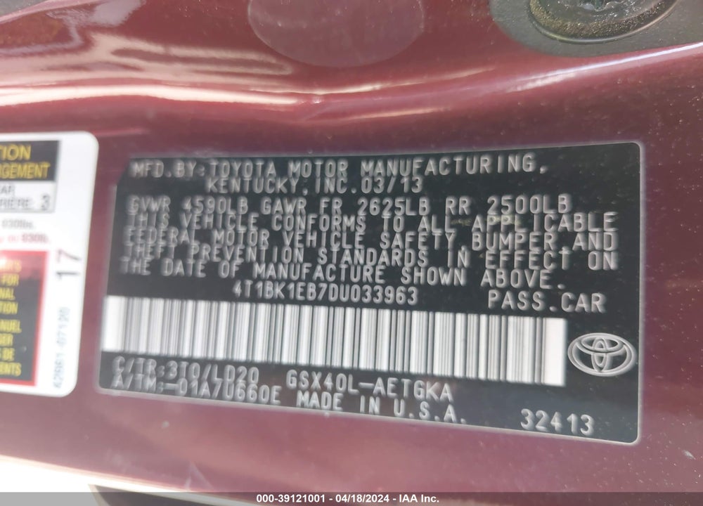 2013 TOYOTA AVALON XLE VIN: 4T1BK1EB7DU033963