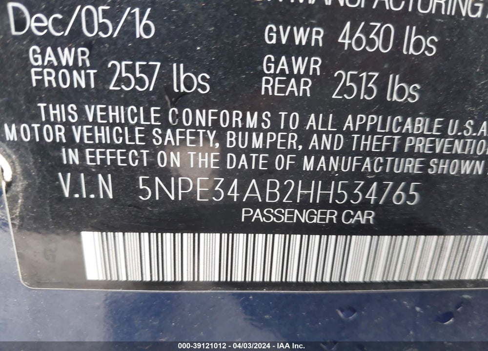2017 HYUNDAI SONATA SPORT 2.0T VIN: 5NPE34AB2HH534765