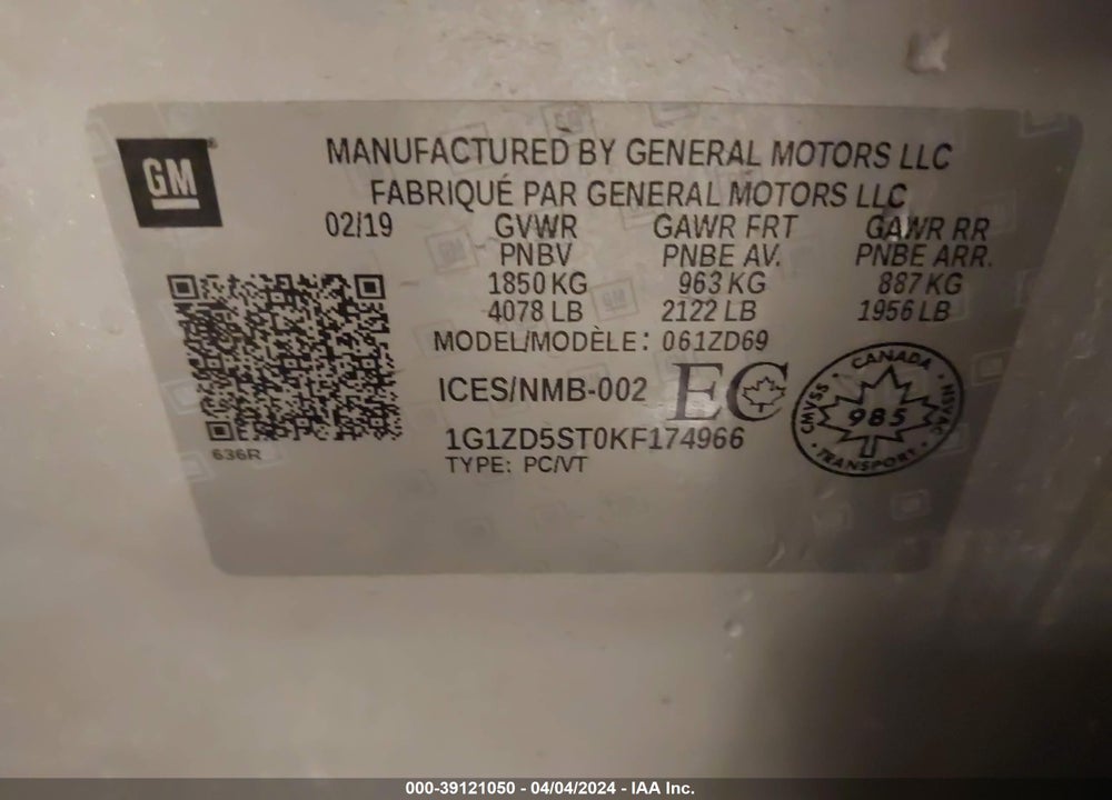2019 CHEVROLET MALIBU VIN: 1G1ZD5ST0KF174966