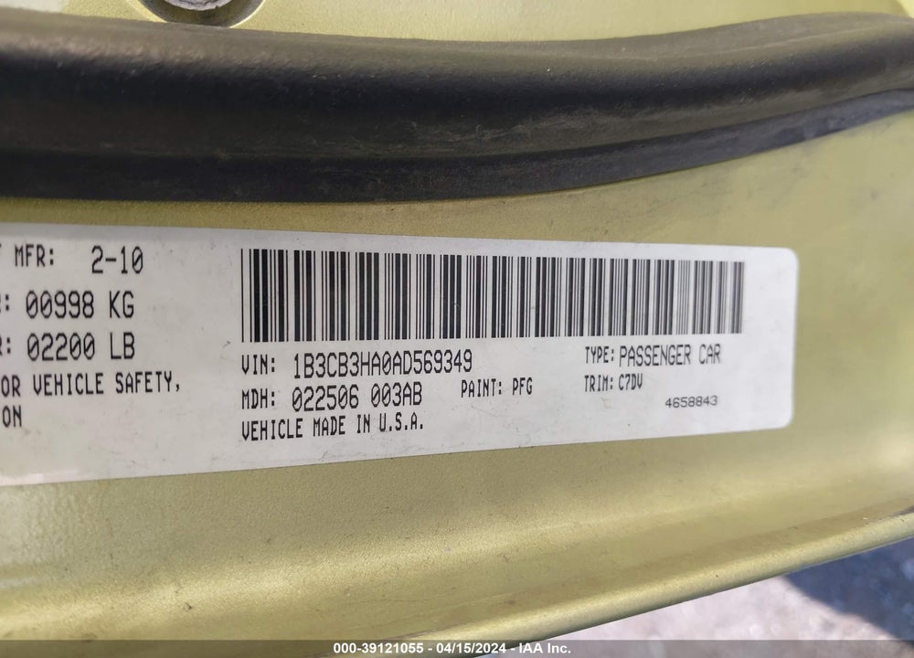 2010 DODGE CALIBER MAINSTREET VIN: 1B3CB3HA0AD569349