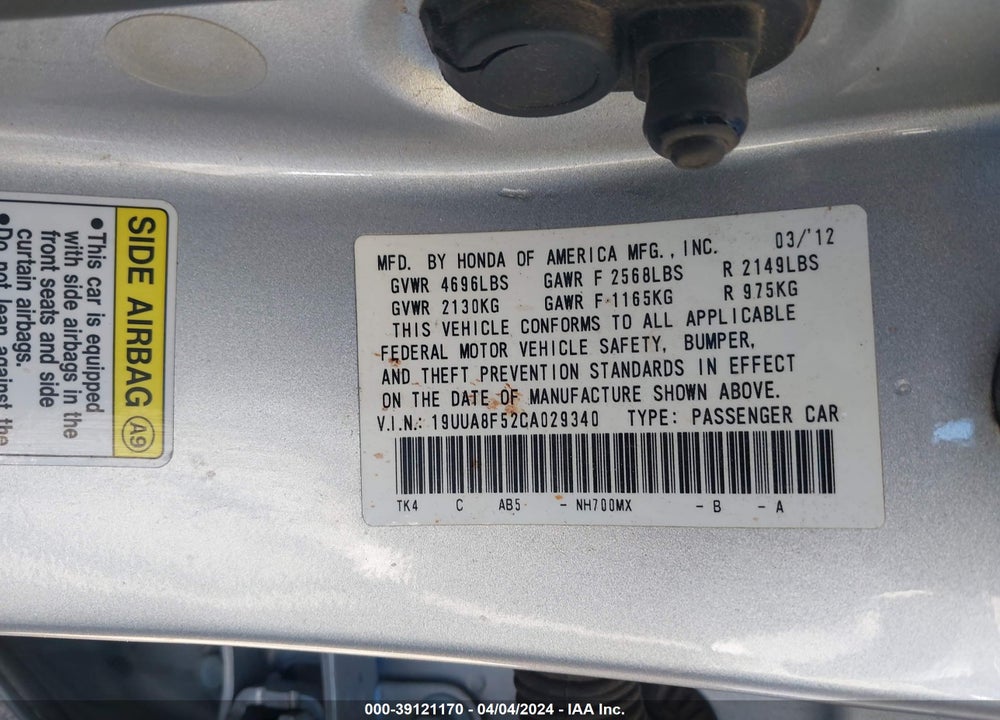 2012 ACURA TL 3.5 VIN: 19UUA8F52CA029340