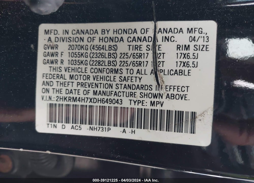 2013 HONDA CR-V EX-L VIN: 2HKRM4H7XDH649043