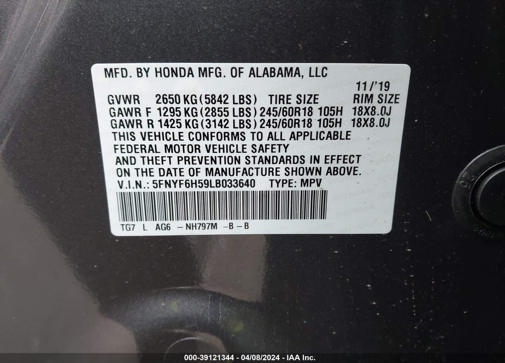 2020 HONDA PILOT AWD EX-L VIN: 5FNYF6H59LB033640