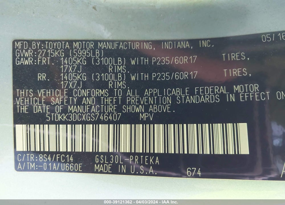 2016 TOYOTA SIENNA LE 8 PASSENGER VIN: 5TDKK3DCXGS746407