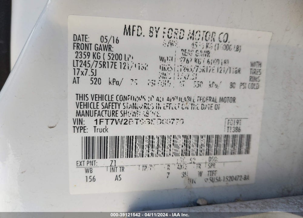 2016 FORD F-250 XL VIN: 1FT7W2BT6GED00770