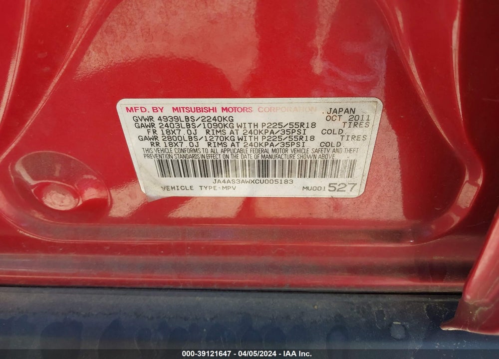 2012 MITSUBISHI OUTLANDER SE VIN: JA4AS3AWXCU005183