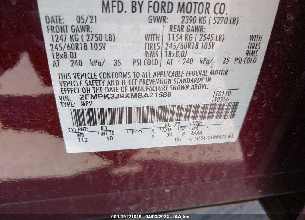 2021 FORD EDGE SEL VIN: 2FMPK3J9XMBA21588