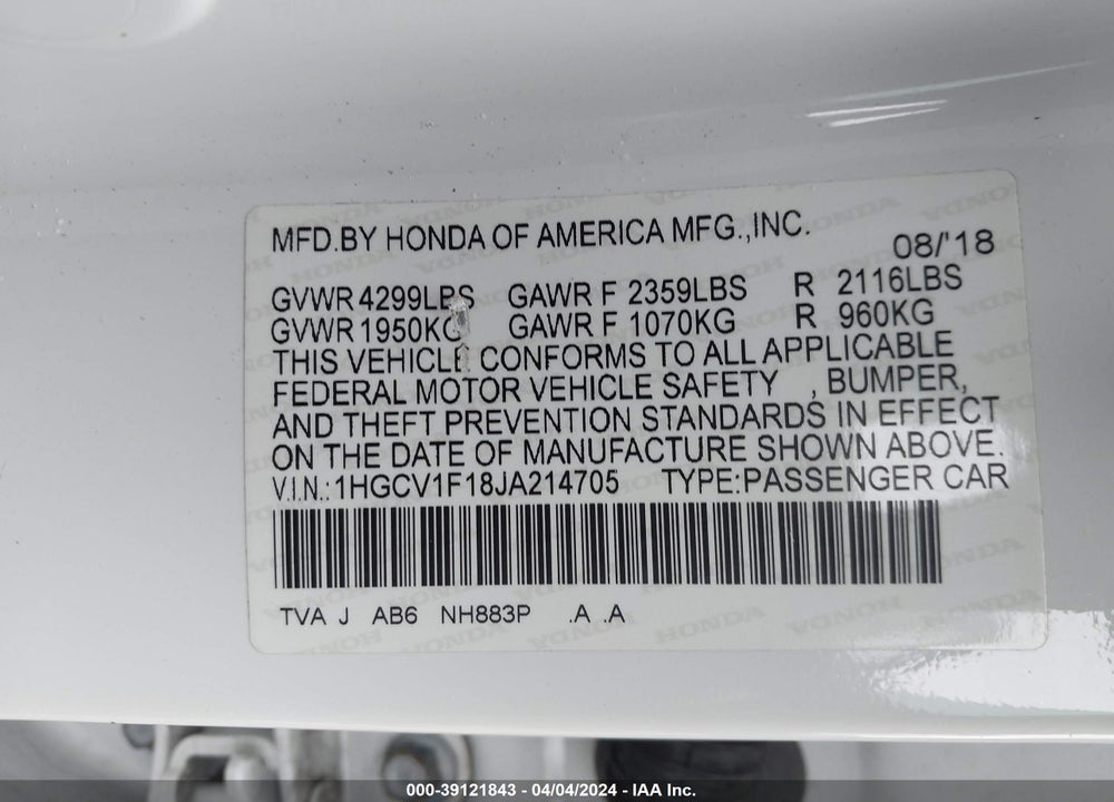 2018 HONDA ACCORD LX VIN: 1HGCV1F18JA214705