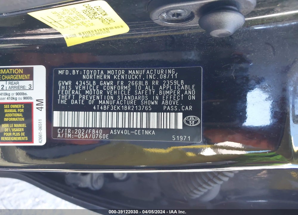 2011 TOYOTA CAMRY LE VIN: 4T4BF3EK1BR213765