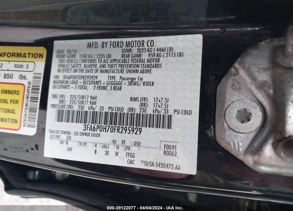 2015 FORD FUSION SE VIN: 3FA6P0H70FR295929