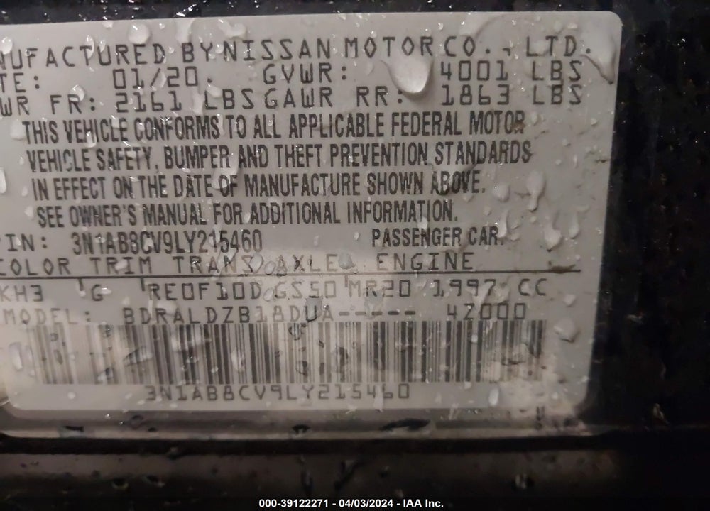 2020 NISSAN SENTRA SV XTRONIC CVT VIN: 3N1AB8CV9LY215460
