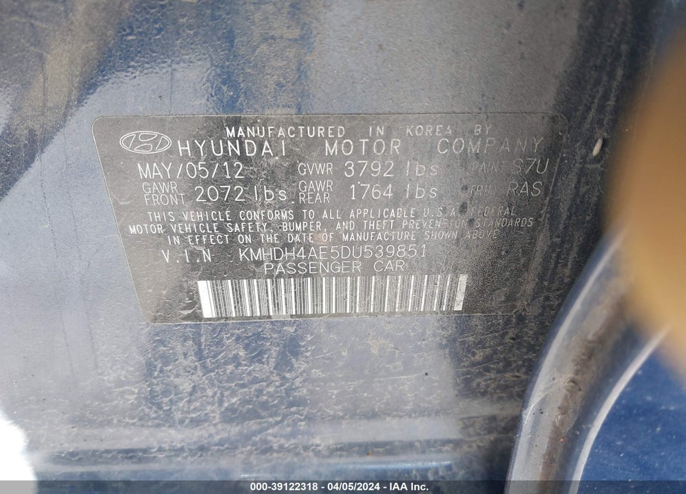 2013 HYUNDAI ELANTRA GLS VIN: KMHDH4AE5DU539851