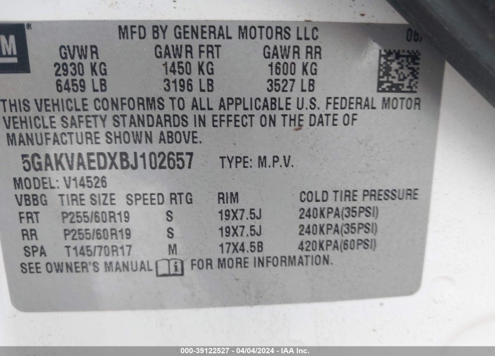2011 BUICK ENCLAVE CX VIN: 5GAKVAEDXBJ102657