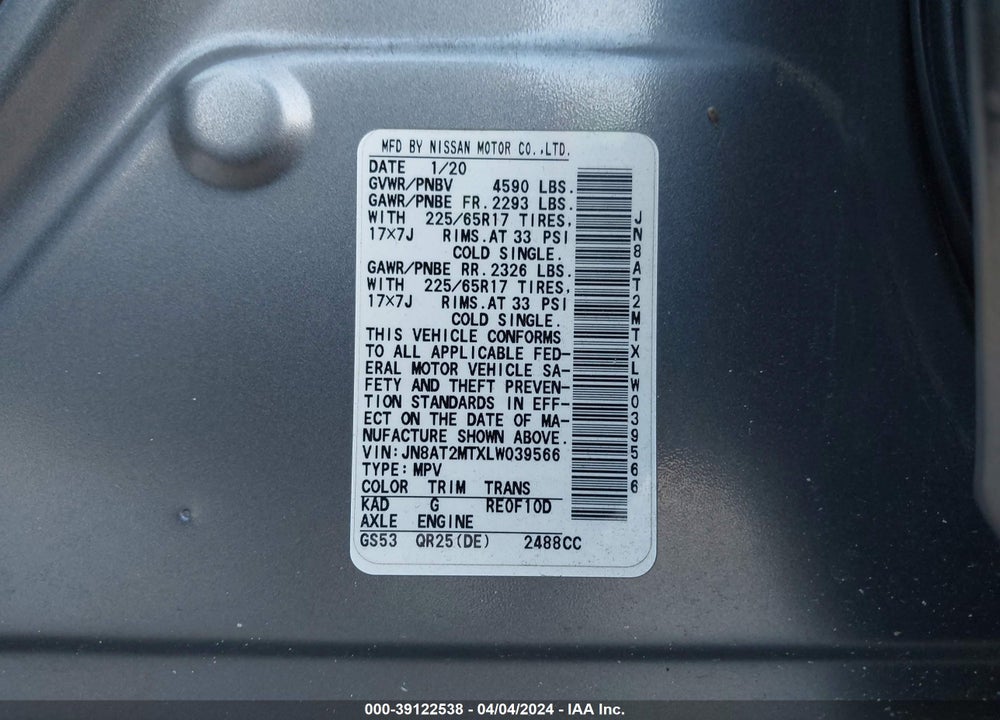 2020 NISSAN ROGUE SV FWD VIN: JN8AT2MTXLW039566