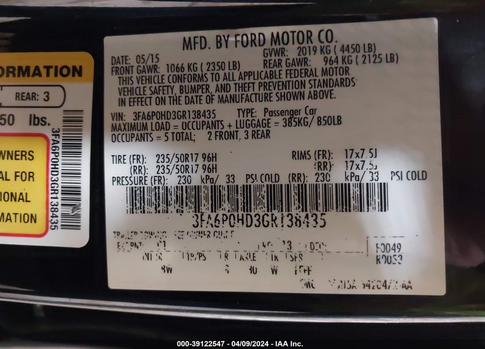 2016 FORD FUSION SE VIN: 3FA6P0HD3GR138435