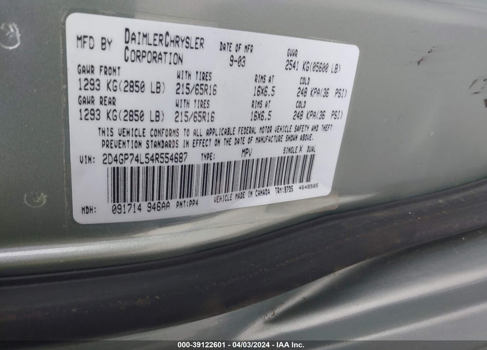 2004 DODGE GRAND CARAVAN VIN: 2D4GP74L54R554687