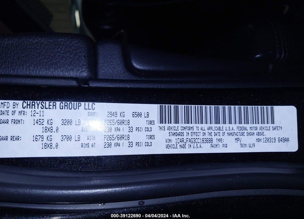 2012 JEEP GRAND CHEROKEE LAREDO VIN: 1C4RJFAG3CC183688