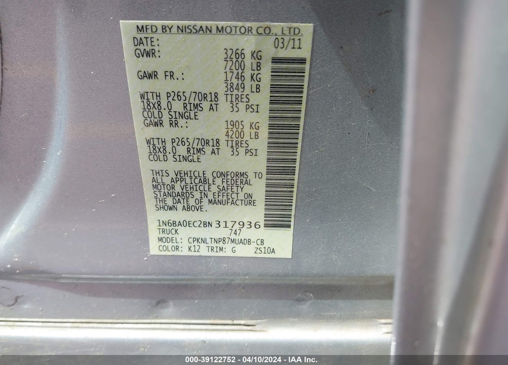 2011 NISSAN TITAN SV VIN: 1N6BA0EC2BN317936