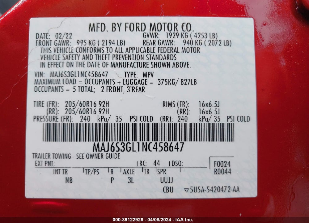 2022 FORD ECOSPORT SE VIN: MAJ6S3GL1NC458647
