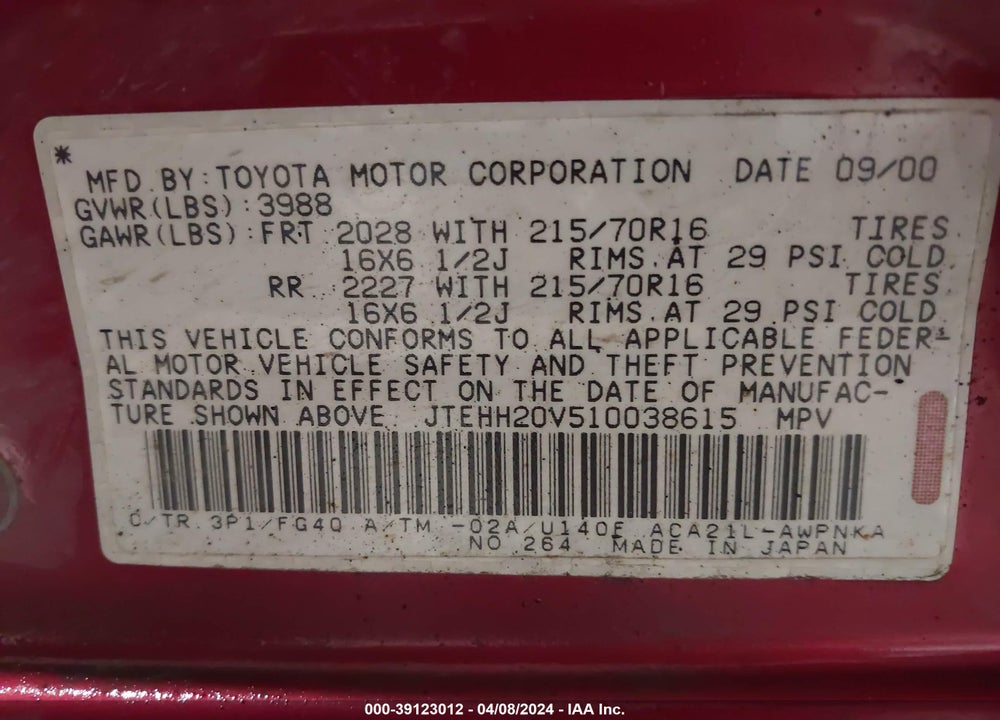 2001 TOYOTA RAV4 VIN: JTEHH20V510038615