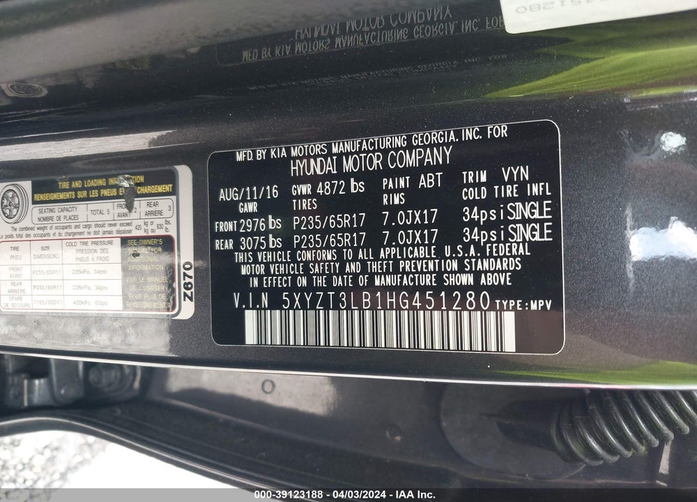 2017 HYUNDAI SANTA FE SPORT 2.4L VIN: 5XYZT3LB1HG451280