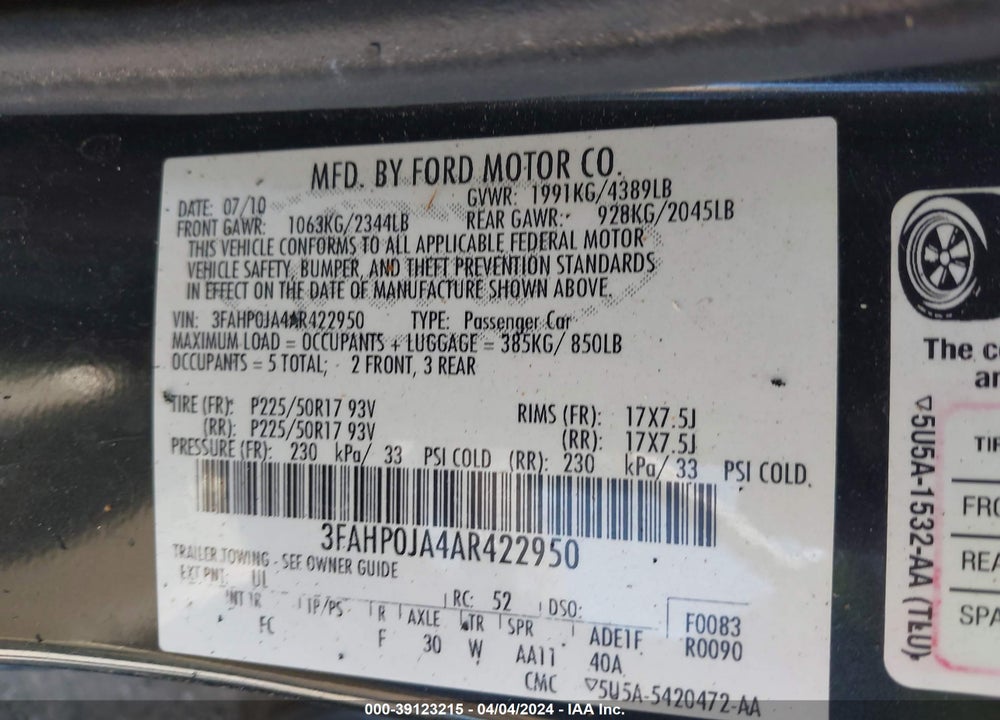 2010 FORD FUSION SEL VIN: 3FAHP0JA4AR422950