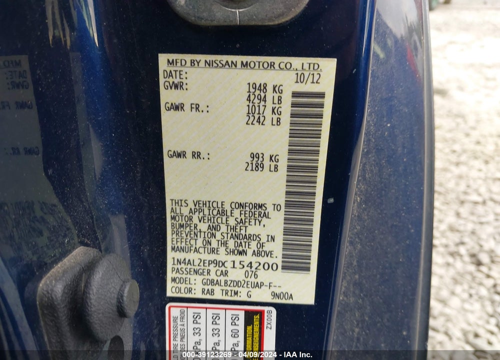 2013 NISSAN ALTIMA 2.5 S VIN: 1N4AL2EP9DC154200